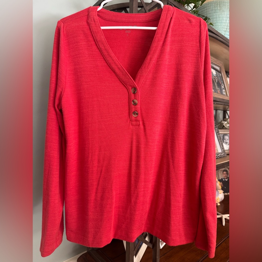LOFT Women’s Henley Sweater Top Red Long Sleeve Size Large